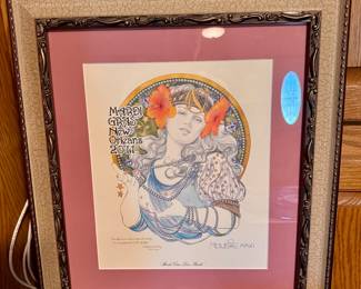 Original, official festival art print titled "Mardi Gras Love Beads" from 2011 framed. Artist, Mousie-Pamela Coleman. $40. 