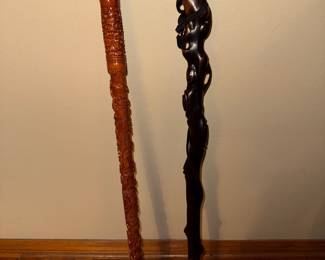 Walking Canes. Left- Imperial Dragon, relief carved. $30. Right- Gnarled Dragon/Snake. $20 (SOLD)