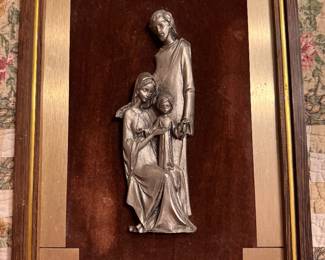 Vintage MCM Italian Peltro Cesellato a Mano Holy Family bas-relief wall plaque. (hand- chiseled/hand-finished pewter.) $25.00