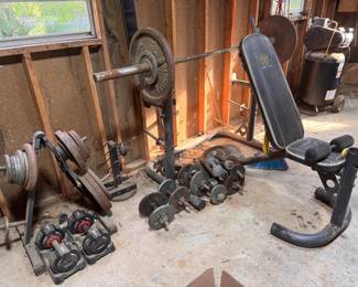 Exercise Equipment: Bowflex SelectTech 552 Dial Adjustable Dumbbells (bottom left). $150 for the pair. All other gym equipment sold as a lot together. $150.00