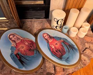 Vintage Catholic devotional oval plaques featuring the Scared Heart of Jesus and the Immaculate Heart of Mary. (1960s-1980s) $12 each