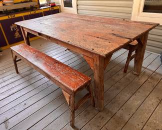 Rustic Sinker Cypress Table with 2 benches. Table: Approx. 79 1/2 x 43 x 31 1/2”h. Benches: 64 x 10 x 19”h. $225. 