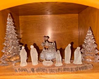 Vintage Crystaled Nativity Set by House of Lloyd. 7 piece set including wood base. $25. Clear cut glass Christmas trees. $10 each. Light-Up Rudolph the Red-Nosed Reindeer holiday display piece. $12.