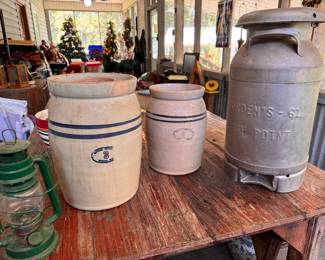 From Left to Right: Vintage green kerosene lantern, $15. #3 Marshall Crock, $50. #2 Marshall Crock, $40. Antique Borden’s Milk Can, $125. 