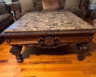 Rococo/Baroque style marble-top cocktail/coffee table. Approx. 42 x 42 x 21h. $150.00