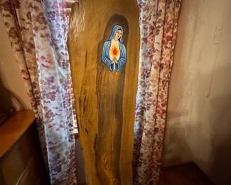 Cypress devotional slab, hand painted- Immaculate Heart of Mary, on stand. Approx. 64h x 13 1/2" w. $150.00