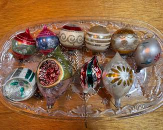 Mid Century mercury glass Christmas ornaments. Atomic-era shapes, including starbursts and mica stripes. $10 each. Will also make bundle price. 