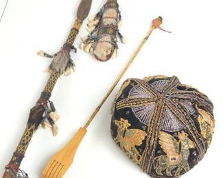 Lot #83 - Vintage Embroidered Velvet Cap with Winged Horse Motifs from Thailand, Dayak Mandau Sword & Bamboo Back Scratcher.