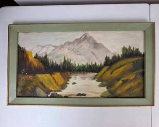 Lot #95 - K. Coldiron Signed Landscape Oil Painting with Mountain and River Scene in Classic Frame