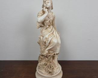 Lot #6 - Mid Century Chalkware Figurine After "The Song of the Lark" Hippolyte Francois Moreau - Maiden Seated on Tree Stump