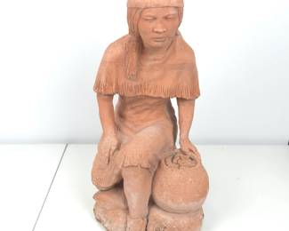 Lot #74 - Vintage Terracotta Figurine of Native Woman with Pot Sculpture