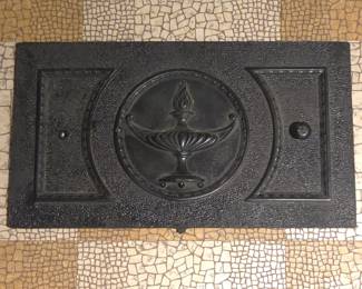 Lot #134 - Antique Cast Iron Architectural Salvage Stove Fireplace Door With Classical Oil Lamp Motif