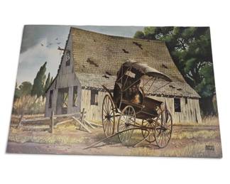 Lot #102 - 1967 Alfred Owles "The Last Stop" Lithograph Mounted on Board Picturing Antique Carriage & Barn