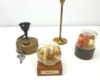Lot #60 - Vintage Hermit Crab Specimen, Starfish Specimen, Camping Stove, & Brass Candle Holder