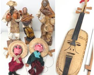Lot #73 - Vintage Handcrafted Mexican Folk Art Lot Inc. 2 Marionette Puppets, 3 Paper Mache Figures, & Raramuri Folk Violin