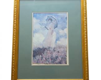Lot #113 - Claude Monet Impressionist Style Woman with Parasol Framed Art Print in Ornate Gold Frame