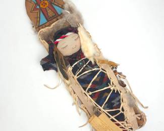Lot #67 - Vintage Native American Style Indian Folk Art Doll by C. McEntire in Handcrafted Leather and Wool Cradle