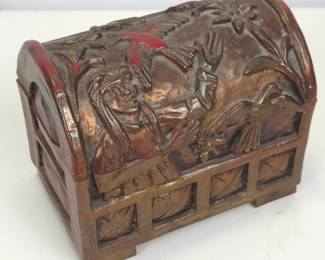 Lot #65 - Vintage Hand-Carved Wood Treasure Chest Box with Native American and Bird Motif