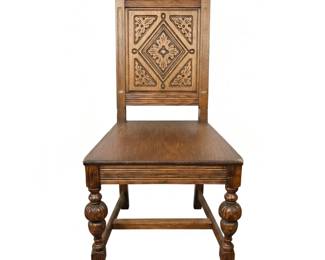 Lot #26 - Antique Oak Carved Side Chair with Ornate Floral Back Panel and Turned Legs