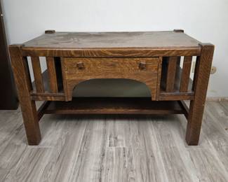 Lot #158 - Antique American Arts & Crafts Mission Style Oak Library Table with Central Drawer, Stretch Shelf and Side Galleries