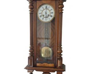 Lot #124 - Antique Wooden Vienna Regulator Wall Clock with Brass Pendulum and Roman Numerals