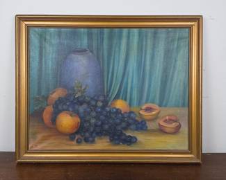 Lot #2 - Vintage Signed Still Life Oil Painting with Fruit and Vase in Decorative Gold Frame