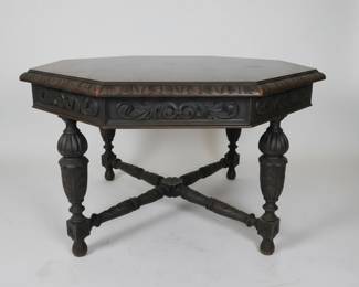 Lot #107 - Antique French Renaissance Revival Hand-Carved Oak Octagonal Parlor Table w/ Relief Carvings, Barley Twist Stretchers