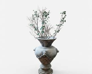 Lot #109 - Decorative Extra Large Composite Lion Head Urn Vase with Lion Faces & Floral Motifs, Plus Faux Branches