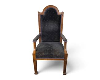 Lot #27 - Antique Oak Frame Upholstered Armchair with Unique Arch Backrest