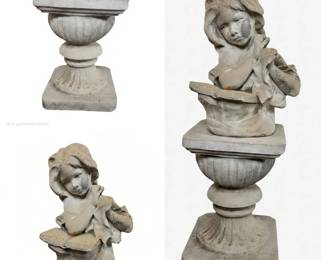 Lot #29 - Vintage Concrete Garden Sculpture Bust on Pedestal - Weathered Antique Style