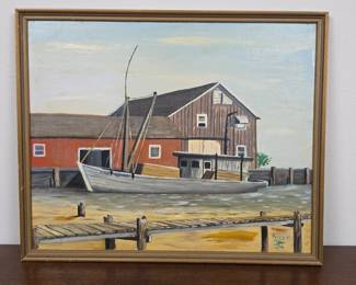 Lot #13 - Signed Coastal Harbor Scene Oil Painting by Rick with Vintage Wooden Frame