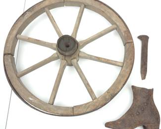 Lot #59 - Vintage Wooden Wagon Wheel with Metal Rim, Antique Iron Spike & Iron Shoe - Rustic Farmhouse Decor