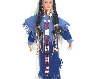 Lot #69 - Vintage Ltd Edition "Timeles" Native American Porcelain Doll with Detailed Beaded Accessories and Blue Suede Dress