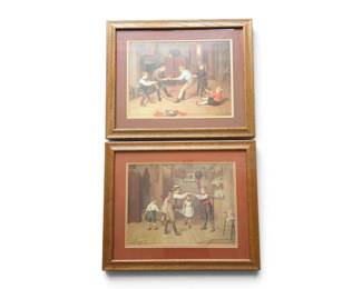 Lot #112 - Vintage Signed Harry Brooker Lithographs "Tug of War" and "Oranges & Lemons" Double Matted & Framed