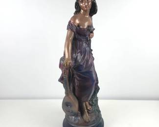 Lot #54 - Vintage Patinated Sculpture of Woman with Lute in Purple Dress on Round Base From the School of Auguste Moreau