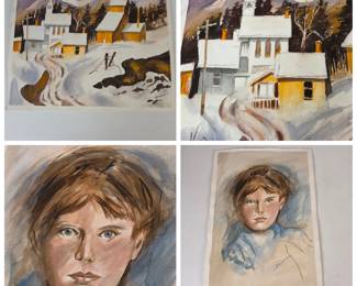 Lot #101 - Original Hand Signed & Dated Jean Ramona Hank Watercolors "January Snow" and "Boy in Blue"