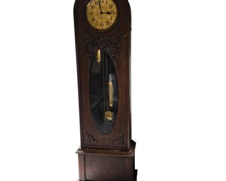 Lot #118 - Antique Max Busse German Arched-Top Carved Oak Grandfather Clock with Brass Dial & Weights