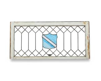 Lot #46 - Vintage Stained Glass Window Panel with Blue Shield Crest and Leaded Design
