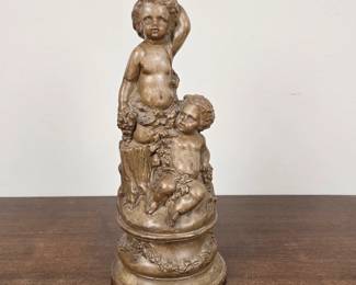 Lot #17 - Vintage Patinated Terracotta or Composition Figural Statue with two Putti Harvesting Grapes Style of Claude Michel