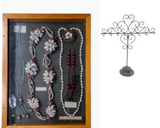 Lot #55 - Vintage Bali, Israel & Greece Handmade Shell and Bead Necklaces in Display Case + Metal Necklace Stand.