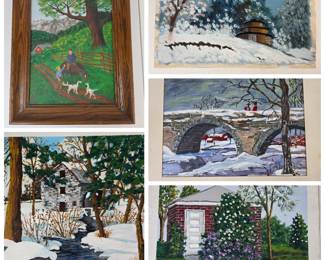 Lot #94 - Lot of 5 Unsigned Vintage Oil Paintings - Landscapes & Winter Scenes