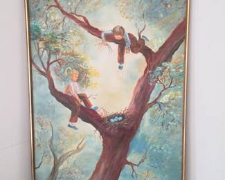 Lot #126 - Mid Century Original Oil on Canvas Children in Tree with Nest Framed