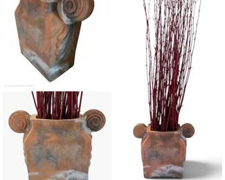 Lot #49 - Rustic Terracotta Decorative Vase with Spiral Handle Accents - Mediterranean Style Pottery