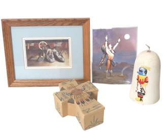 Lot #66 - Native American Sand Painted Cross Box, M Caroselli Foil Art Print, Framed Native Art Print & Handcrafted Painted Bell