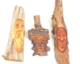 Lot #57 - Rustic Hand-Carved Wood Faces on Driftwood Logs - Folk Art Decor