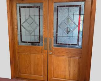 Lot #39 - Elegant Oak Double Doors with Decorative Stained Glass Panels and Brass Hardware