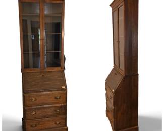 Lot #85 - Antique 2-Piece Wooden Secretary Desk & Bookcase Combination Glass-Door Upper Cabinet Drop-Front Slanted Writing Desk