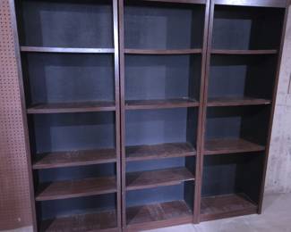 Lot #150 - Vintage Dark Wood Open Bookshelf Set - Sturdy Multi-Shelf Display Units