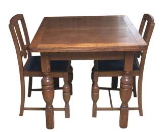 Lot #131 - Antique Oak Draw-Leaf Dining Table with Turned Legs and Blue Upholstered Chairs