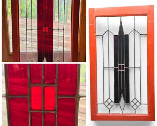 Lot #106 - American Arts & Crafts Stained & Leaded Glass Window Panel with Geometric Design and Red Painted Wooden Frame